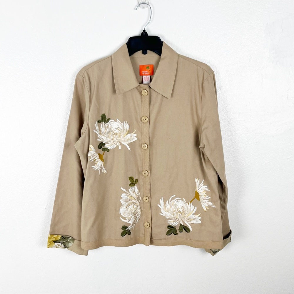 HEARTS OF PALM Khaki Embroidered Tropical Floral Print Button Jacket Size 10